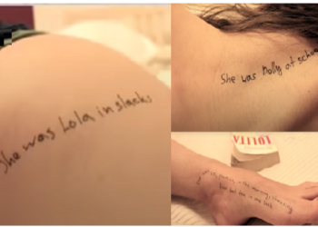 पैर, कूल्हे और गर्दन पर काली स्याही से ‘लोलिता’ की पंक्तियां लिखी नजर आईं